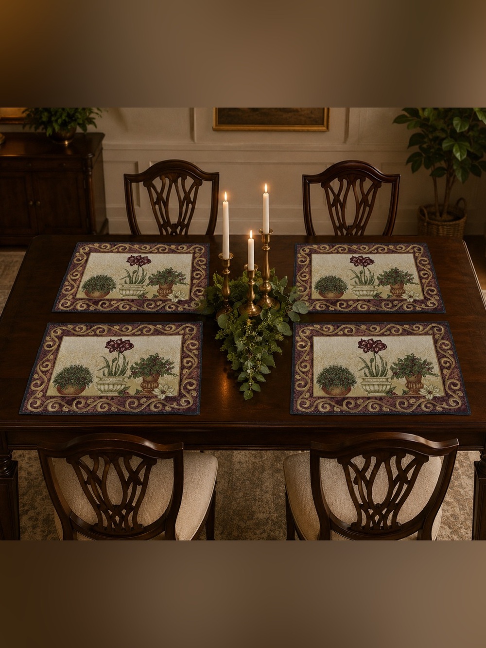 Christmas Topiary Tapestry Placemats Burgundy Gold Holiday Décor set of 4